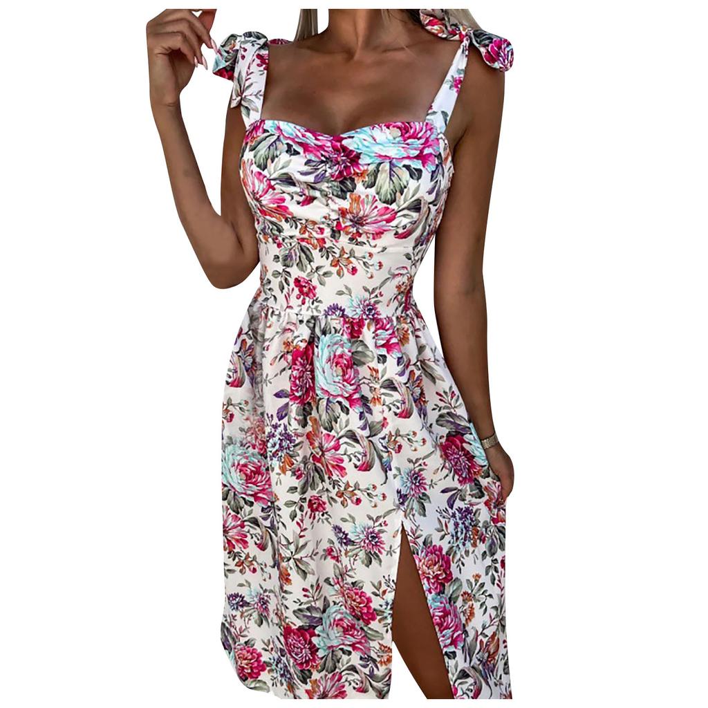 Fashion Women's  Print Sexy Tube Top Sling Waist Hem Slit Dress