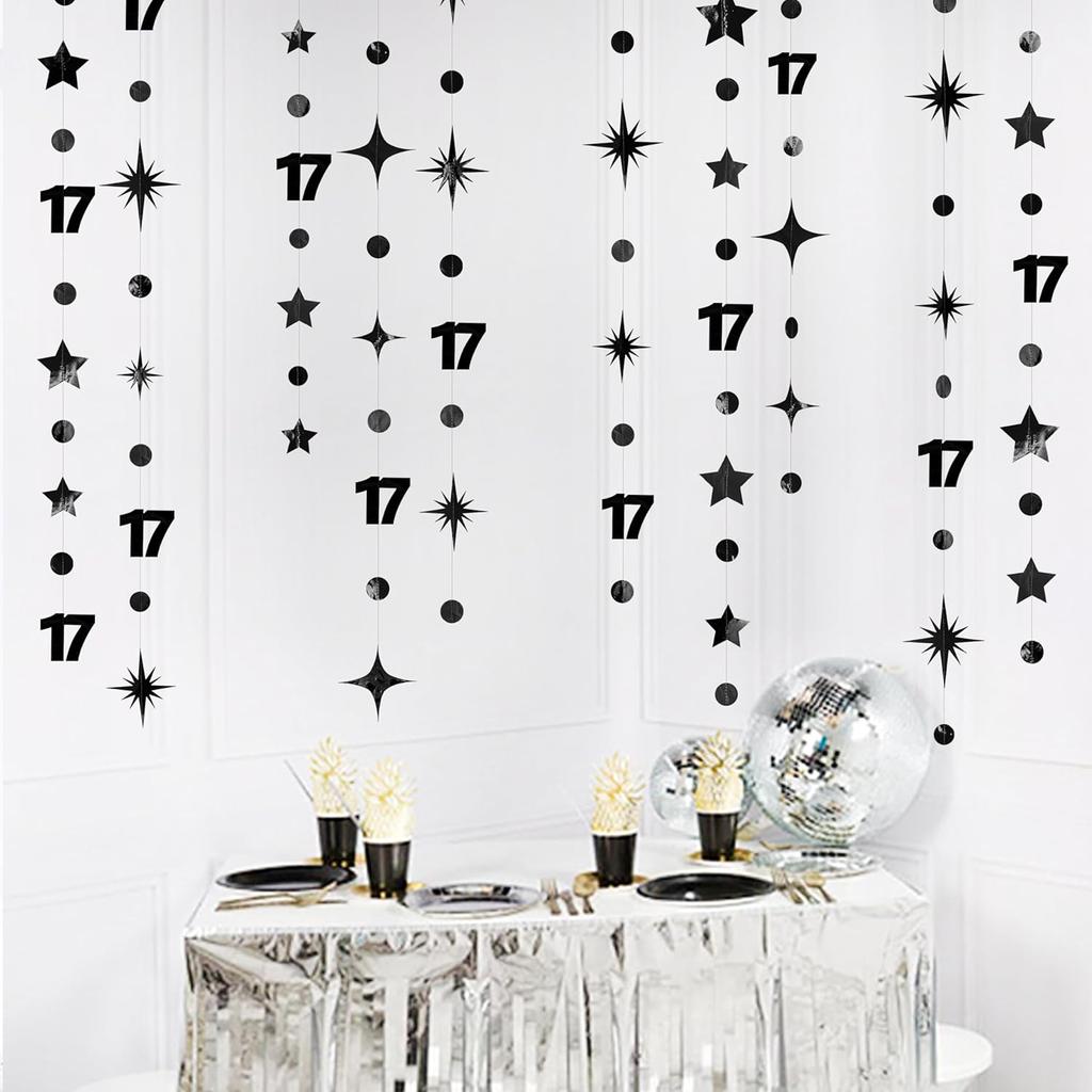 Black 17th Birthday Decorations Number 17 Circle Dot Star Garland Streamer Banner Backdrop for Girls Boys Cheers to 17 Years Old Birthday 17 and