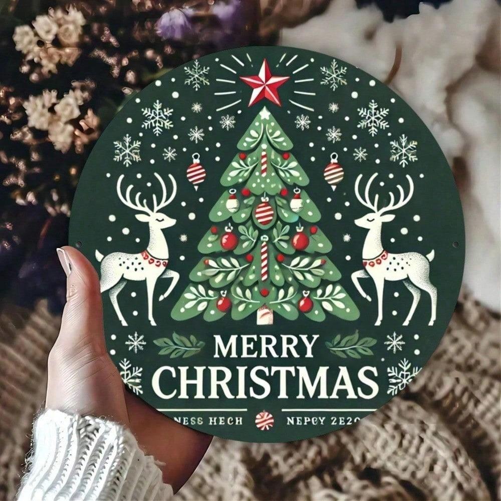 1pc Rustic Metal Wall Art Sign, 8x8 Inch Round Tin Reindeer Tree Print, Festive Kitchen Bar Home Decor