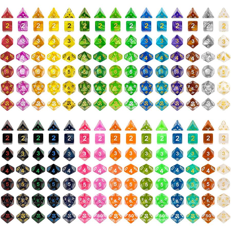 49-teiliges polyedrisches Würfelset mit 7 schwarzen Kordelzugbeuteln, 7 komplette Sätze D4 D6 D8 D10 D% D12 D20 für DND RPG ZSY