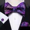 Cool Mens Self Bow Tie Hanky Cufflinks Boutonniere Purple Silk Butterfly Tie Bowtie Wedding Dating