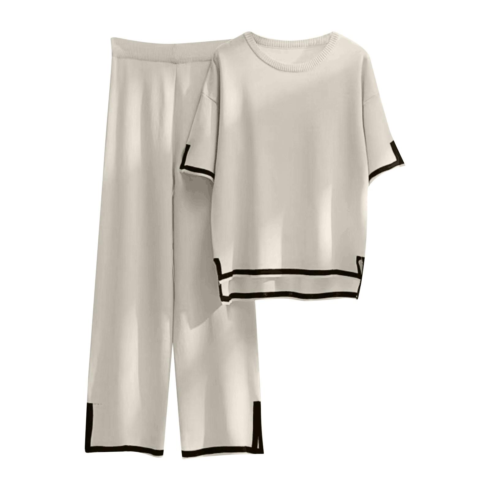 

Женский вязаный свитер из 2 предметов, пуловер с короткими рукавами, топы с эластичной резинкой на талии, широкие брюки, женский комплект L бежевый