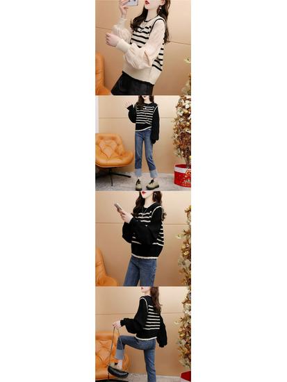 Women's Spliced Striped Knit Sweater with Chiffon Sleeves - Stylish, Loose Fit for Spring and Autumn