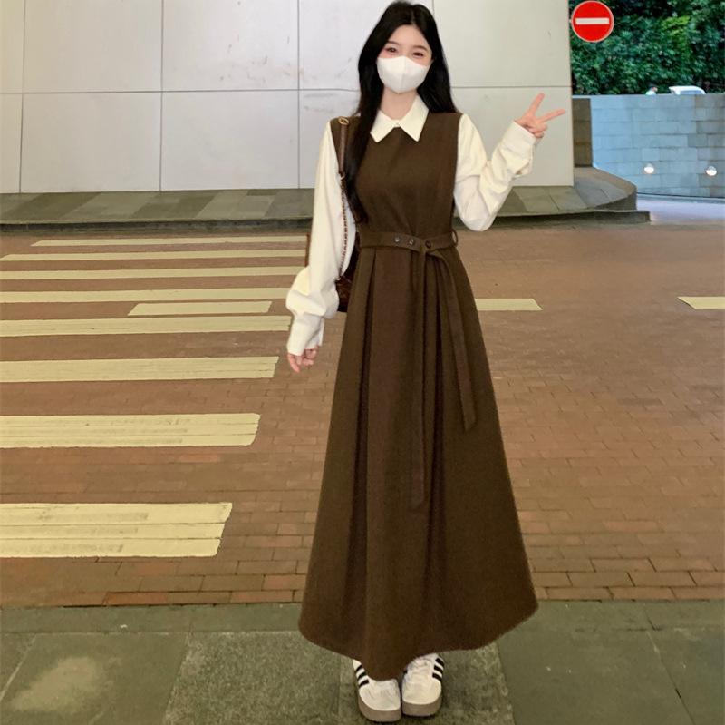 French-Style Two-Piece Long-Sleeve Plus Size Elegant Spring Dress with Waist-Cinched Skirt