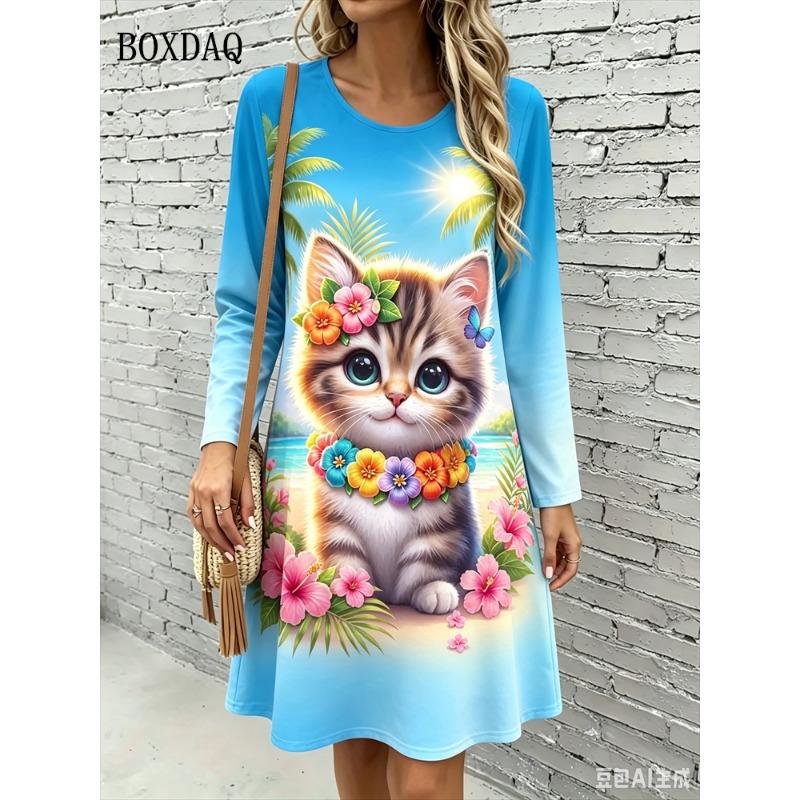 Cute Cat Floral 3D Print Dresses Women's Fashion Gradient Long-Sleeve Dress Autumn Winter Daily Casual Women's Loose Home Dress