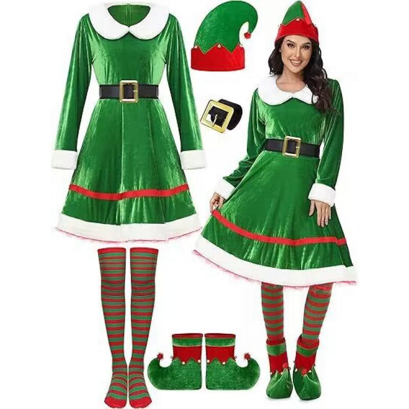 Christmas Costume Dress Set Adult Green Elf Cosplay Outfit Stage Performance