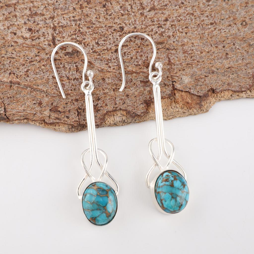 Blue Copper Turquoise Handmade Gemstone Earrings, 925 Solid Sterling Silver Earrings Dainty Silver Jewelry, For Engagement Gift