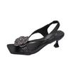 Rhinestone Camellia High Heels Summer New Light Cooked Style Square Toe Open Toe Back Empty Stiletto Sandals
