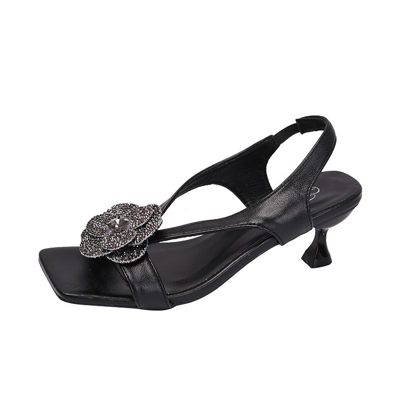 Rhinestone Camellia High Heels Summer New Light Cooked Style Square Toe Open Toe Back Empty Stiletto Sandals