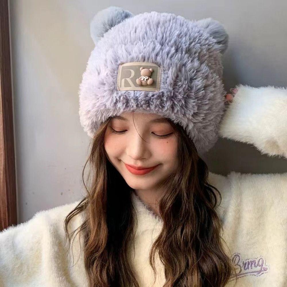 Warm Y2K Bear Ear Hat Cute Beanies Caps New Design Winter Plush Bear Hat  Girls