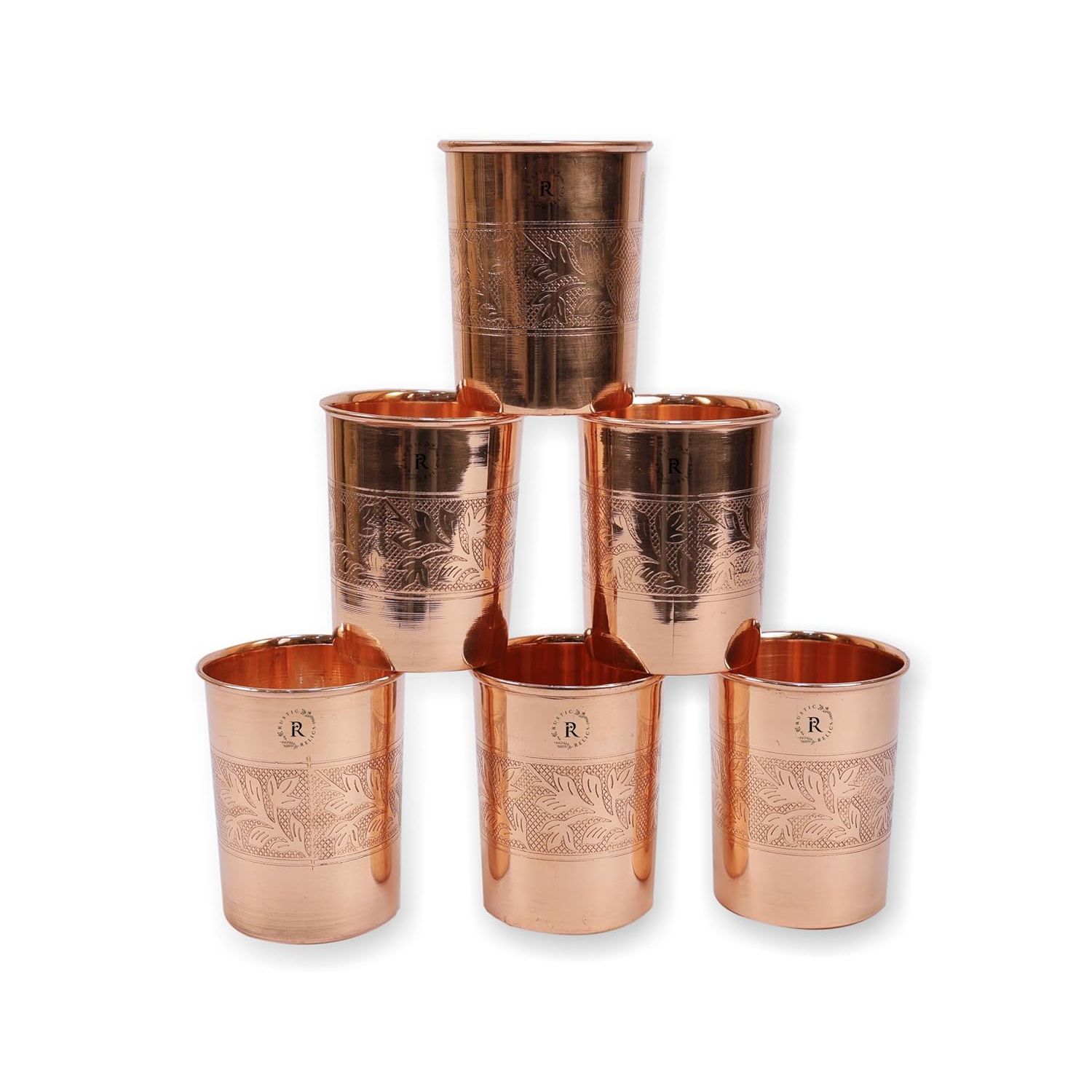 

Pure Copper Water 6 Glass Set Hand Made | With Beautifully Embosed Engraving Design | Drinkware with Ayurvedic Health Benefits