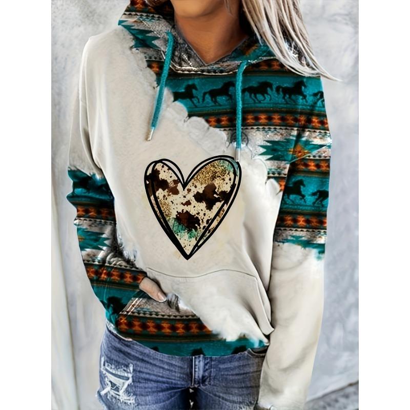 Vintage-Inspired Western Print Sweatshirt - Soft, Casual, Drawstring hoodie with Pocket for Women Long Sleeve Pullover Design