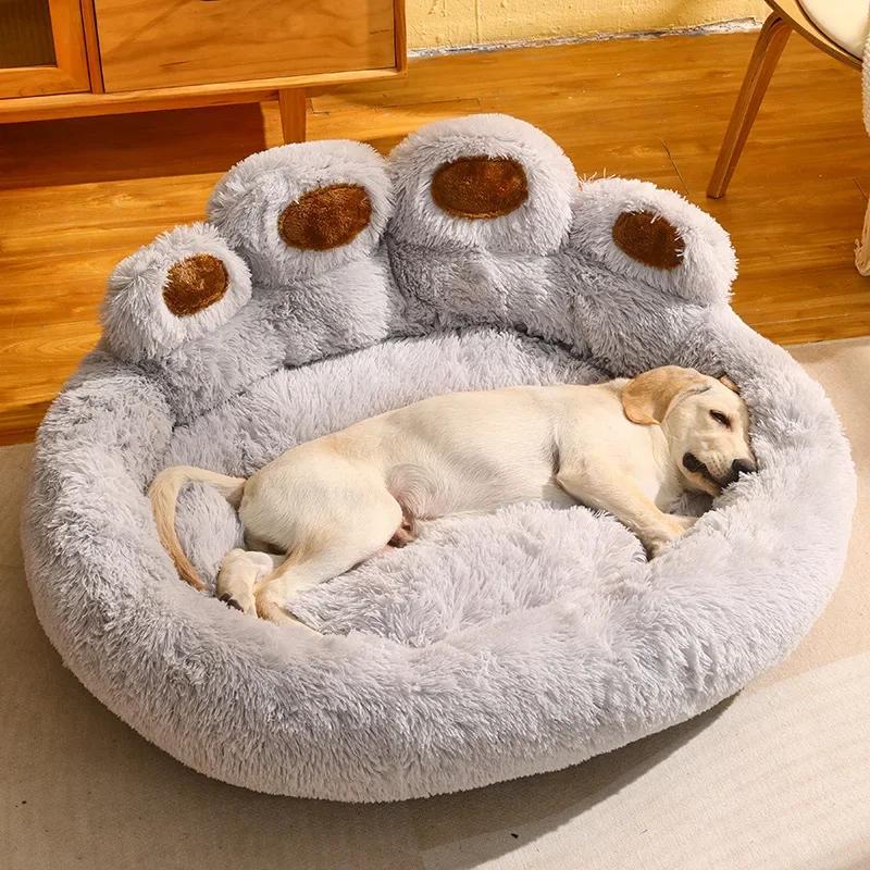 Fluffy Pet Round Bed Adorable Bear Paw Dog Kennel Winter Warm Cat Nest Gentle Plush Cushion Bed Cushion Basket Supplies