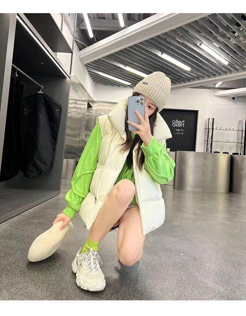 Women's Spring/Fall 2025 Korean Loose Fit Cotton Vest with Stand-Up Collar and Shoulder Pads