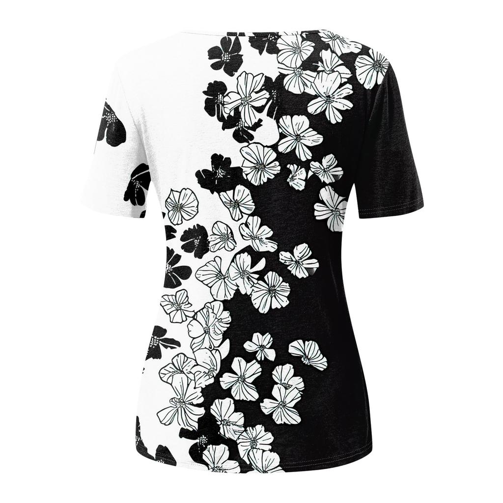 Women's Summer Short Sleeve Round Neck Side Button Print Top