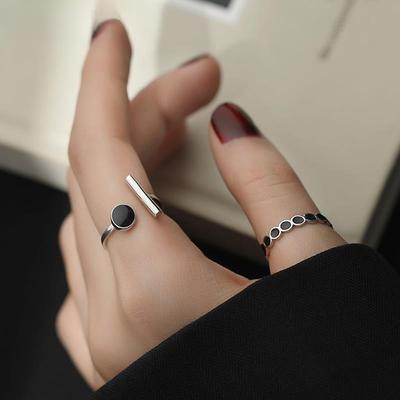 Geometrischer Schwarzer Strass Runder Ring Damen Koreanische Mode Offen Verstellbar Handgefertigt Mädchen Geschenke S-R1186 AVE