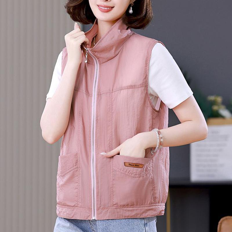 Γυναικείο γράμμα μόδας κέντημα Αμάνικο λεπτό αντηλιακό γιλέκο Μπουφάν Άνοιξη Καλοκαίρι μασίφ πέτο Χαλαρές τσέπες Γιλέκο με φερμουάρ