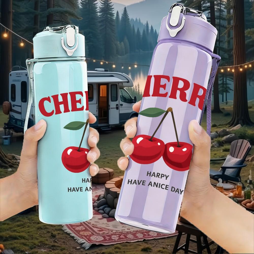 1PC Cherry Fruit Letter Logo 750ml Color Plastic Sports Water Bottle Leakproof Flip Straw Lid Suitable for Sports Office Home Use