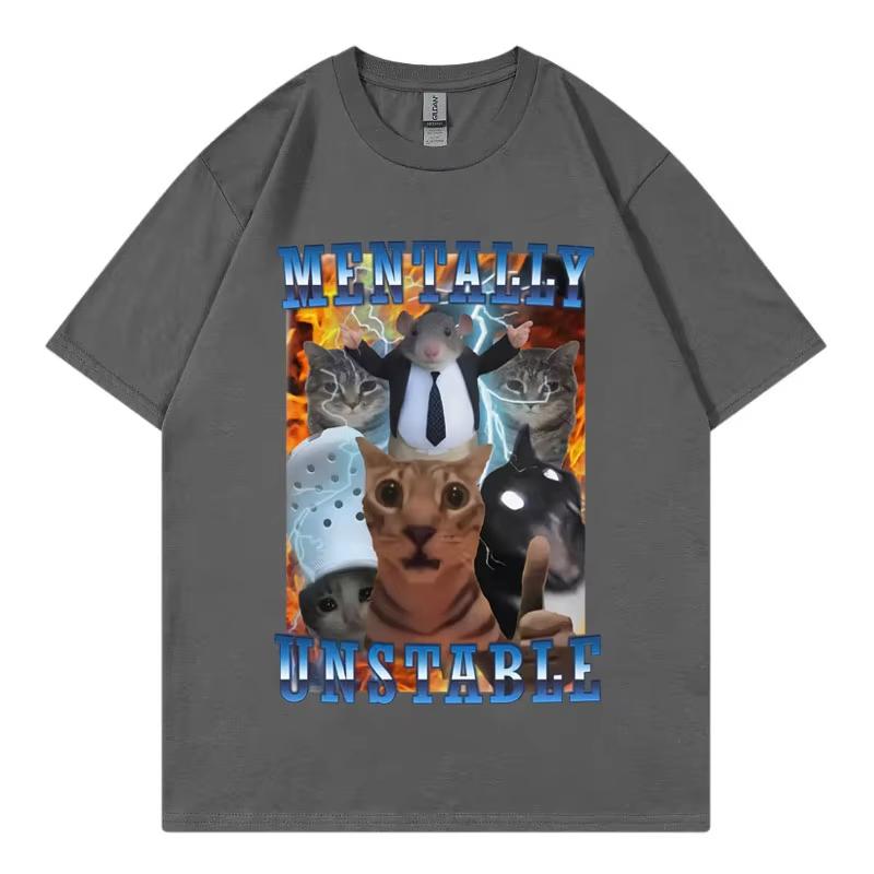 Vintage Mentally Unstable Funny Cat Meme T Shirt Men Women Clothing Fashion Y2k T-shirt Summer Casual Cotton T-shirts Streetwear