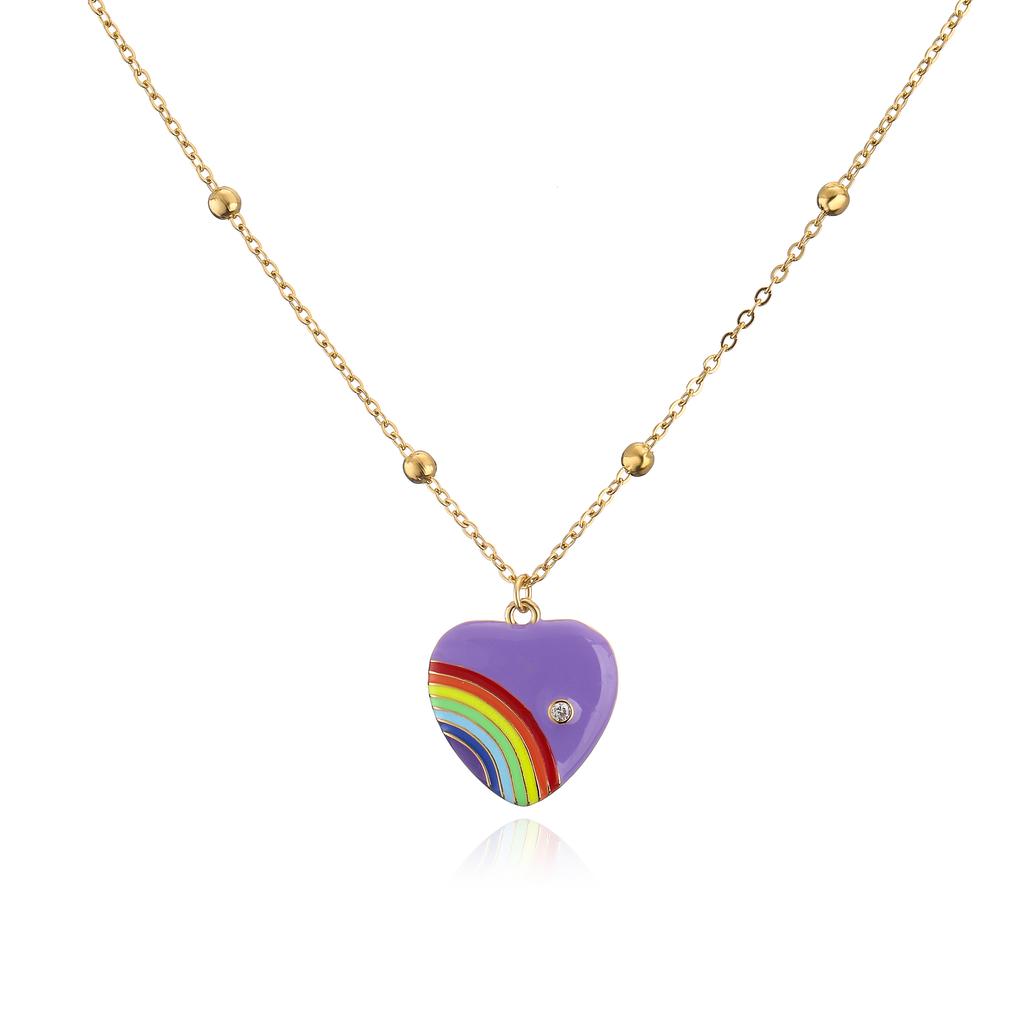 HECHENG,Rainbow Necklace ,Love Heart Necklace,Colorful Lucky Zircon,For Women ,Stainless Steel