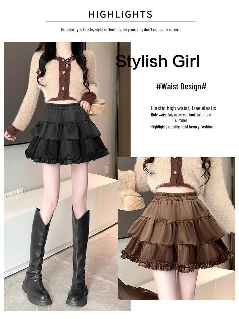 Women's Slimming Velvet Double Layer A-line Skirt with High Waist and Puffy Cake Design for Spring and Autumn.
