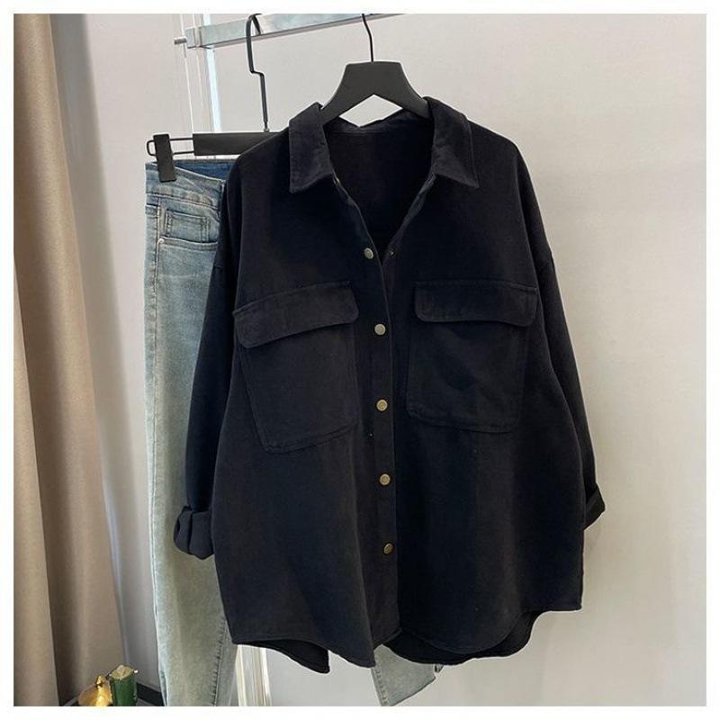 

Рубашка женская весна и осень новая повседневная толстая многослойная одежда свободная студенческая куртка средней и длинной длины с длинными рукавами 2XL 136-72.5 kg чёрный