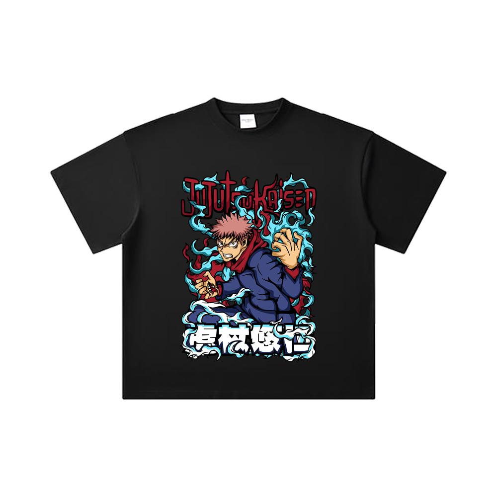 260 GSM Double Yarn 32 Count 100% Cotton Jujutsu Kaisen V50 Yuji Print Unisex Heavy Cotton T Shirt