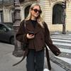 Women French Style Thick Loose Brown Double Breasted Woolen Commute Coat