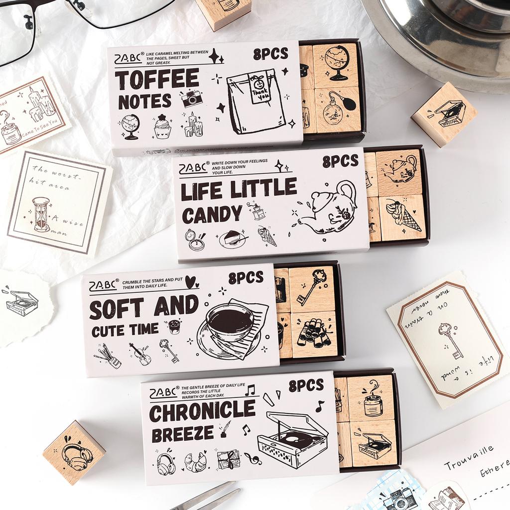 8 Pcs Vintage Cartoon Series Wooden Rubber Letter Number Symbol Stamp Set For Card Making Planner Scrapbook