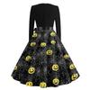 Women's Casual Halloween Print Round Neck Vintage Dress Long Sleeve Fit and Flare Midi Dress with Waist Tie for Seasonal Occasion