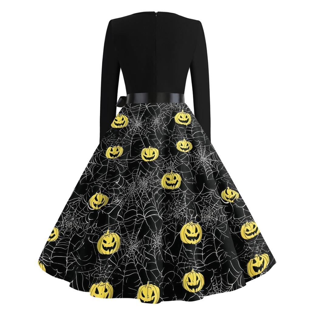 Women's Casual Halloween Print Round Neck Vintage Dress Long Sleeve Fit and Flare Midi Dress with Waist Tie for Seasonal Occasion