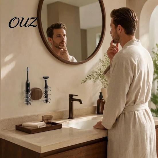 Minimalist Shaver Stand Wall Mounted Toothbrush Holder, Stainless Steel And Wood with Hollow Razor Rack Drainage Design, Suction Cup Storage