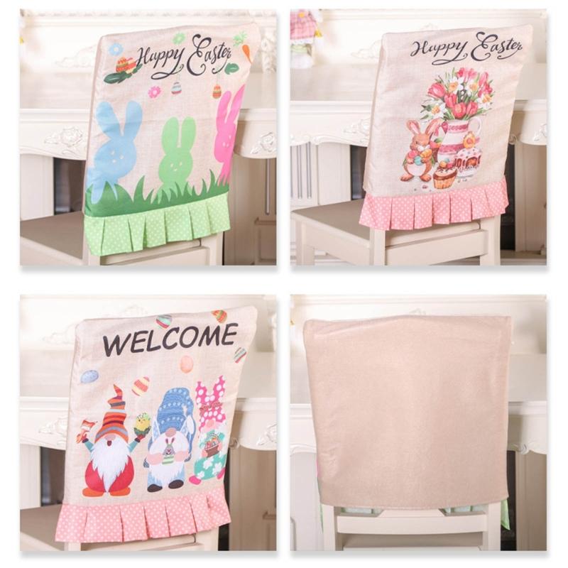 Rabbit Gnome Chair Back Cover Easter Holiday Party Ruffle Hem Chair Slipcover Washable Linen Furniture Protective Cover