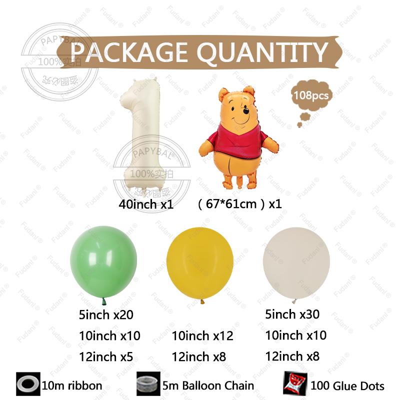 108pcs Winnie The Pooh Theme Birthday Party Balloon Set Pooh Aluminum Foil Balloon for Kids Baby Shower Decoration Supplies Gift
