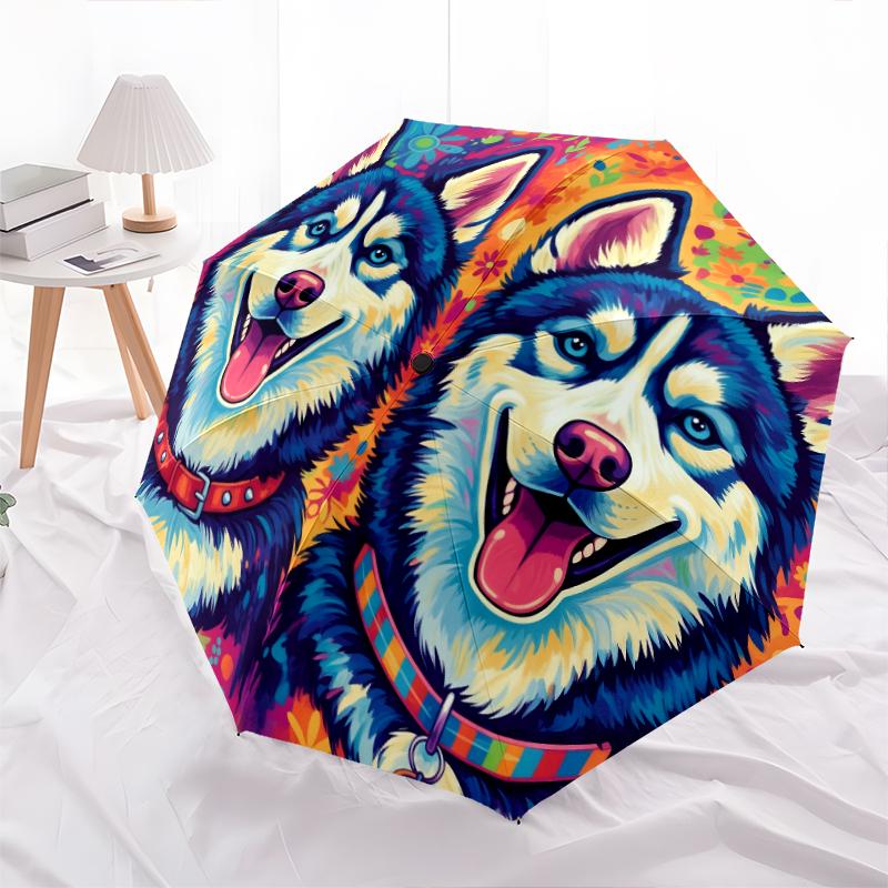 Colorful Husky pattern, automatic folding umbrella, portable and foldable design, 8 ribs, a Christmas or birthday gift.