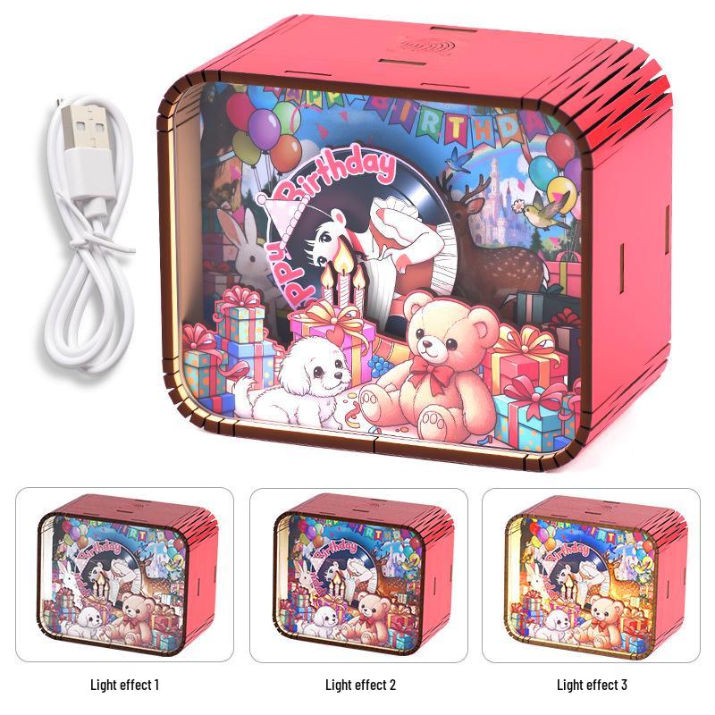Chinese-Style Wooden Music Box with Light: Birthday Series Night Light & Magnet Ornament
