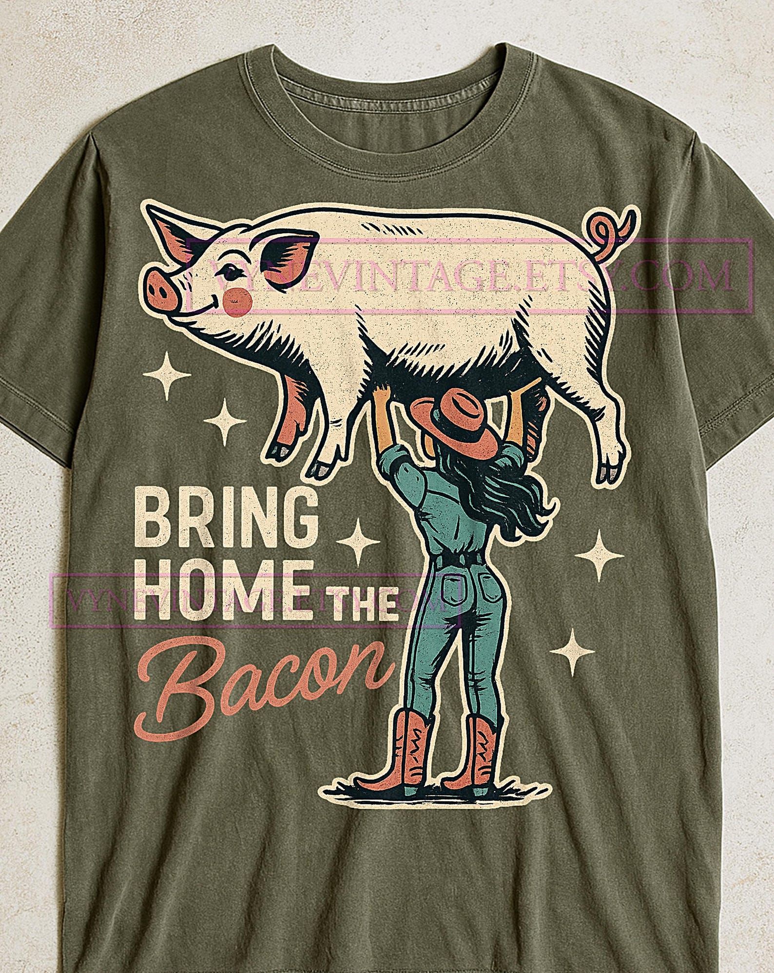 Bring Home The Bacon T-Shirt, Retro Cartoon Vintage Pig Cowgirl Tee, Funny Farm Graphic Shirt, Cowgirl Illustration Gift S