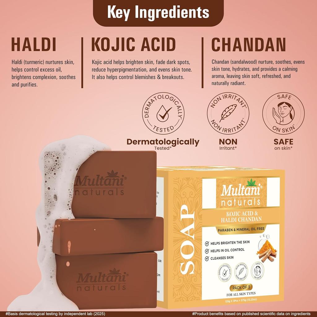Multani Naturals Kojic Acid & Haldi Chandan Soap Bar For Bath 125 Gm Pack Of 3 Pcs Nourishing Daily Use For All Skin Types