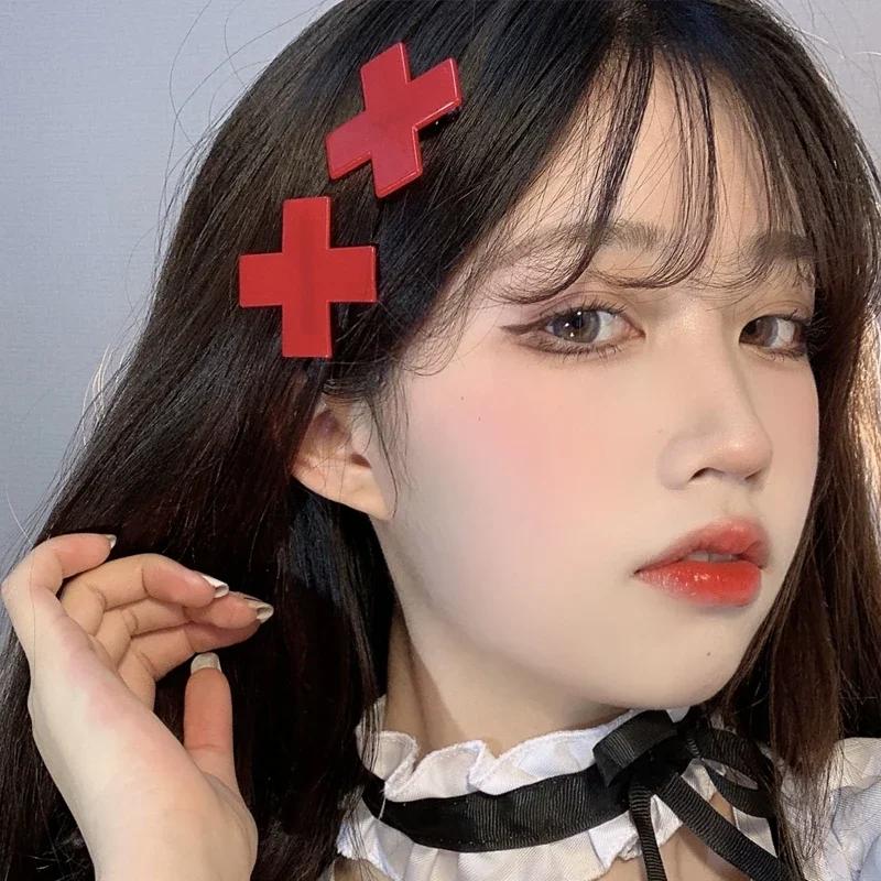1/6pcs Y2K Red Cross Hair Clips for Women Girls Trendy Hair Accessories Hiphop Punk Barrettes Hair Pins Hairwear for Cool Girls