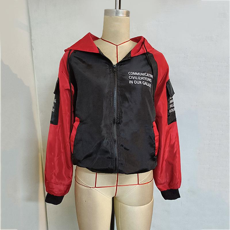 Women's Letter Printed Color Blocking Loose Hooded Long Sleeve Jacket