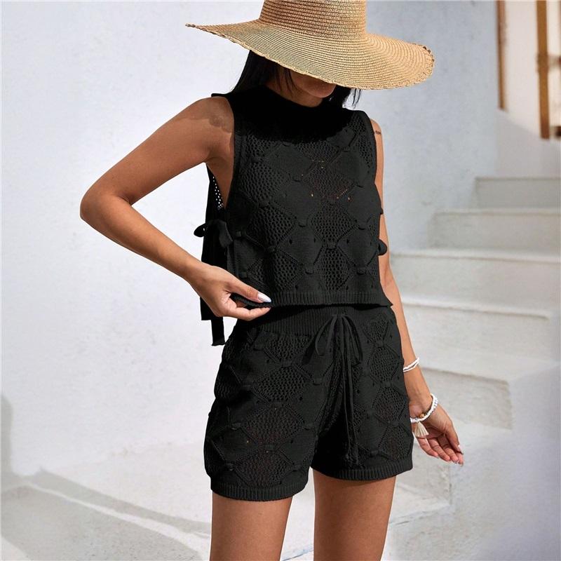 European And American Handmade Knitwear Blouse Sleeveless Loose Casual Seaside Vacation Suit Top Shorts Two Piece Suit