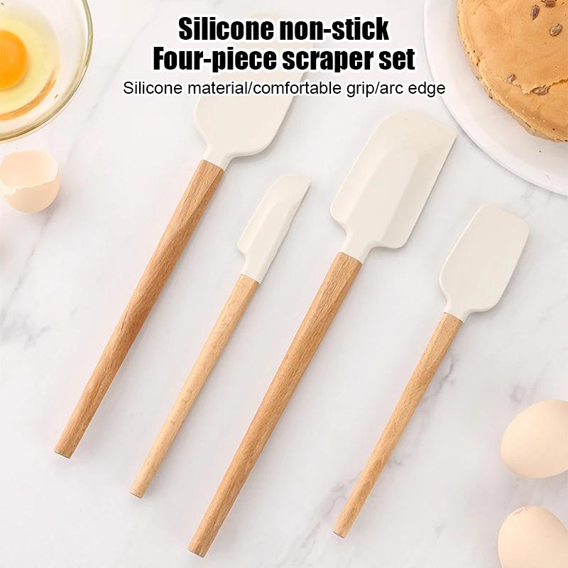 4Pack Scraper Spatula Set Food Grade Silicone Baking Spatulas Heat Resistant Kitchen Cooking Utensils Wood Handle