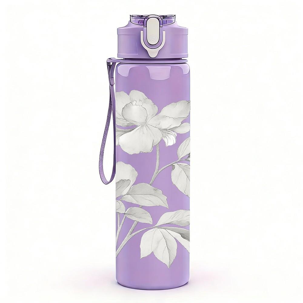 1PC Delicate White Rose Leaf Line Sketch Print 750ml Color Plastic Sports Water Bottle Leakproof Flip Straw Lid Suitable for Sports Office Home Use