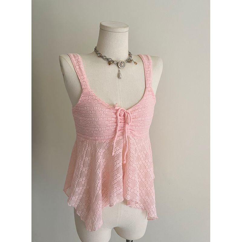 

Export Self * Lace Sweet Drawstring Asymmetrical Spaghetti-Strap Camisole Top C939 Light powder (color 1 S