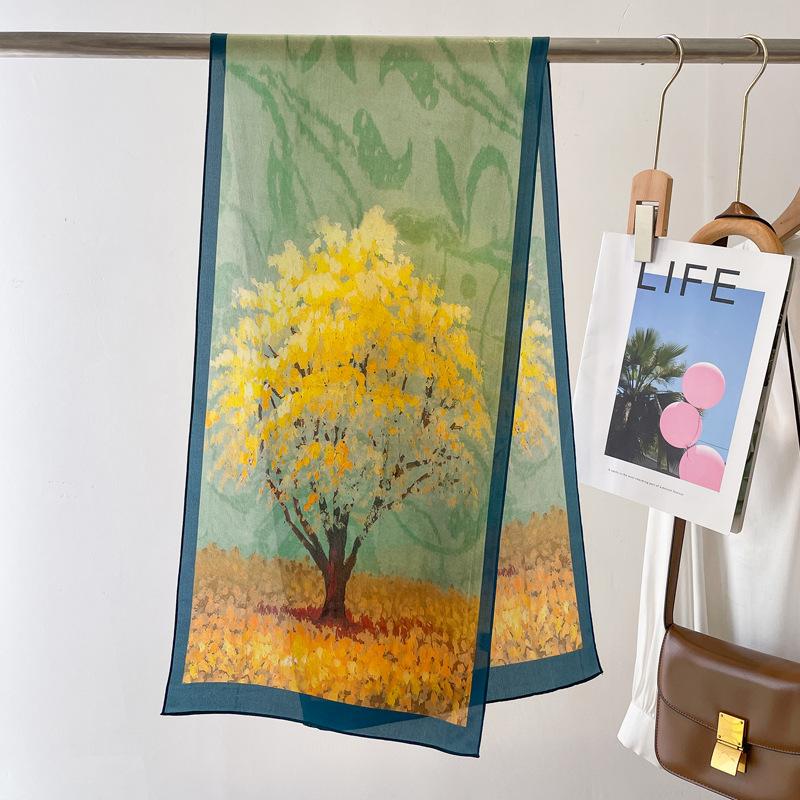 Green oil painting double crepe 100% silk Hangzhou silk scarf mulberry silk scarf women s shawl spring and autumn long scarf no specifications