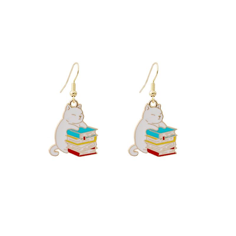Fun Cartoon Drip Cat Alloy Earrings, Creative Personality Cushion Earrings, Cute Teacup Book Earrings, Women