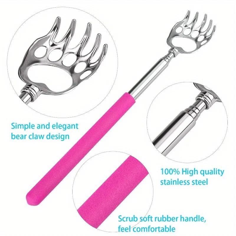 A single bear claw back scratcher, telescopic metal manual back scratcher with soft rubber handle, extendable claw design.