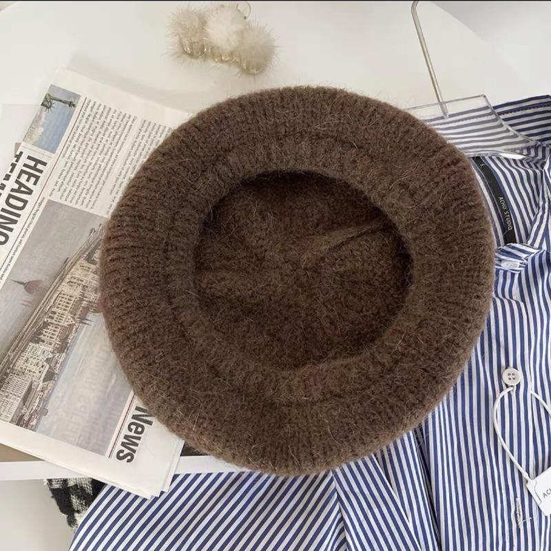 Béret Tricoté Mohair pour Femmes Automne et Hiver Chapeau de Peintre en Peluche Polyvalent Grande Circonférence de Tête Montrant le Visage Petit Chapeau en Laine