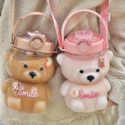 1000ml Large Capacity Cartoon Bear Plastic Sippy Cup Children's Portable Backpack Kettle Water Bottle Mug with Straw Girl's Cup