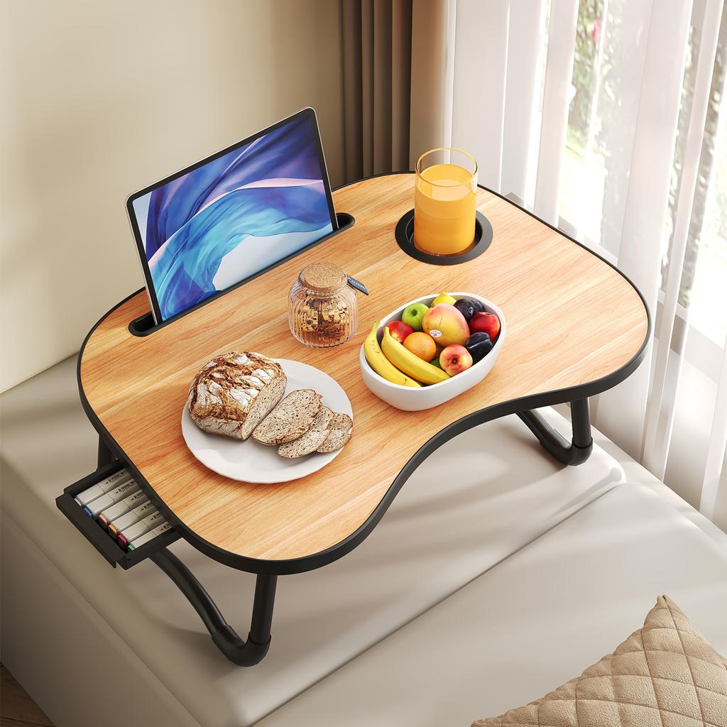 Laptop-Desktop-Besteck und Laptop-Betthalter, Nachttischtablett, Frühstückstablett für das Bett, Laptoptisch mit Getränkehalter und Seitenschublade